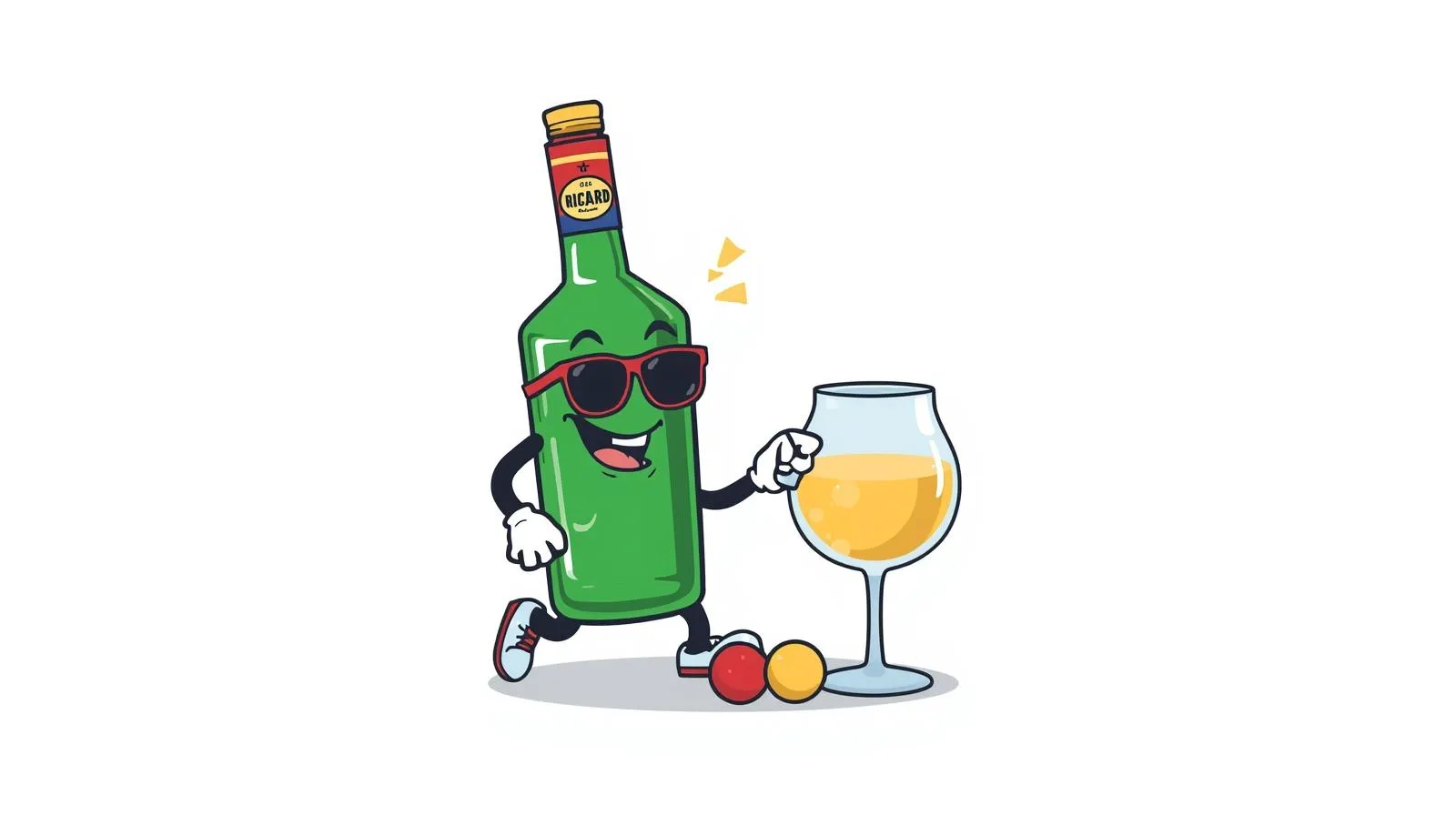 Icône humoristique _ un Ricard en bouteille qui sourit en jouant aux boules, avec des lunettes de soleil, assis à côté d’un verre rempli de pastis, style mascotte cartoon.